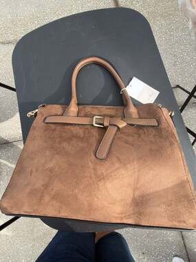 Le Bag Brown Faux Suede Buckle Strap Satchel Tote Handbag
